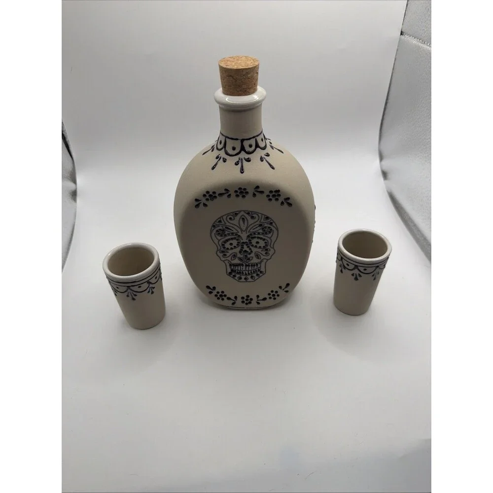 NOVICA Artisan Handblown Ceramic Tequila Decanter And Shot Glasses Skull Design